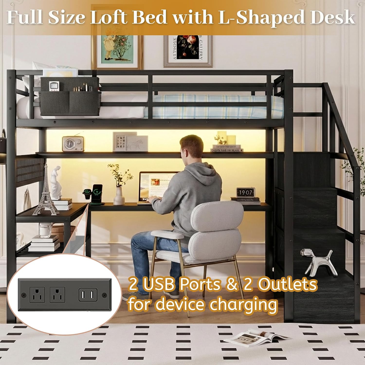 Full Size Loft Bed with Stairs & Desk, Black Loft Bed Frame with Storage Staircase, Charging Station & LED Light, Space Saving Loft Beds with Built-in Study Workstation for Kids Teens Adults