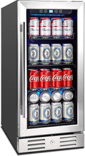 15 Inch Beverage Cooler and Kalamera Refrigerator Under Counter Built-in or Freestanding - 96 Cans Capacity Mini Fridge- for Soda, Water, Beer or Wine - For Kitchen or Bar with Blue Interior Light