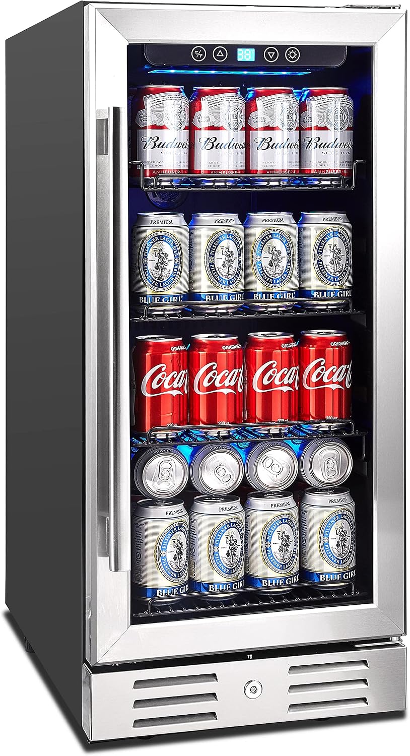15 Inch Beverage Cooler and Kalamera Refrigerator Under Counter Built-in or Freestanding - 96 Cans Capacity Mini Fridge- for Soda, Water, Beer or Wine - For Kitchen or Bar with Blue Interior Light