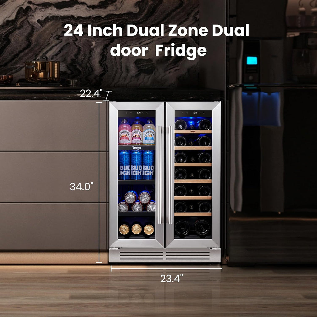 Yeego Wine and Beverage Refrigerator, 24 Inch Dual Zone Wine Fridge with Glass Door, 36-72℉ Beer Cooler Holds 20 Bottles and 60 Cans, Built-In or Freestanding Beverage Cooler for Home Bar Office