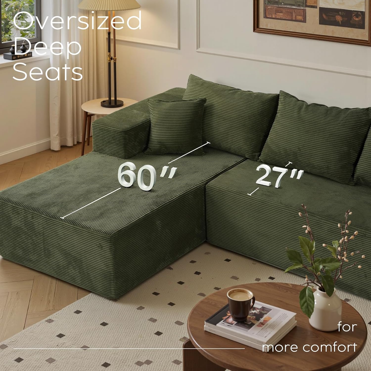 Green 103' Sectional Couches for Living Room, Boneless Couch with L-Shape Chaise, Modular Sofa in Box with Deep Seat, No Assembly Required