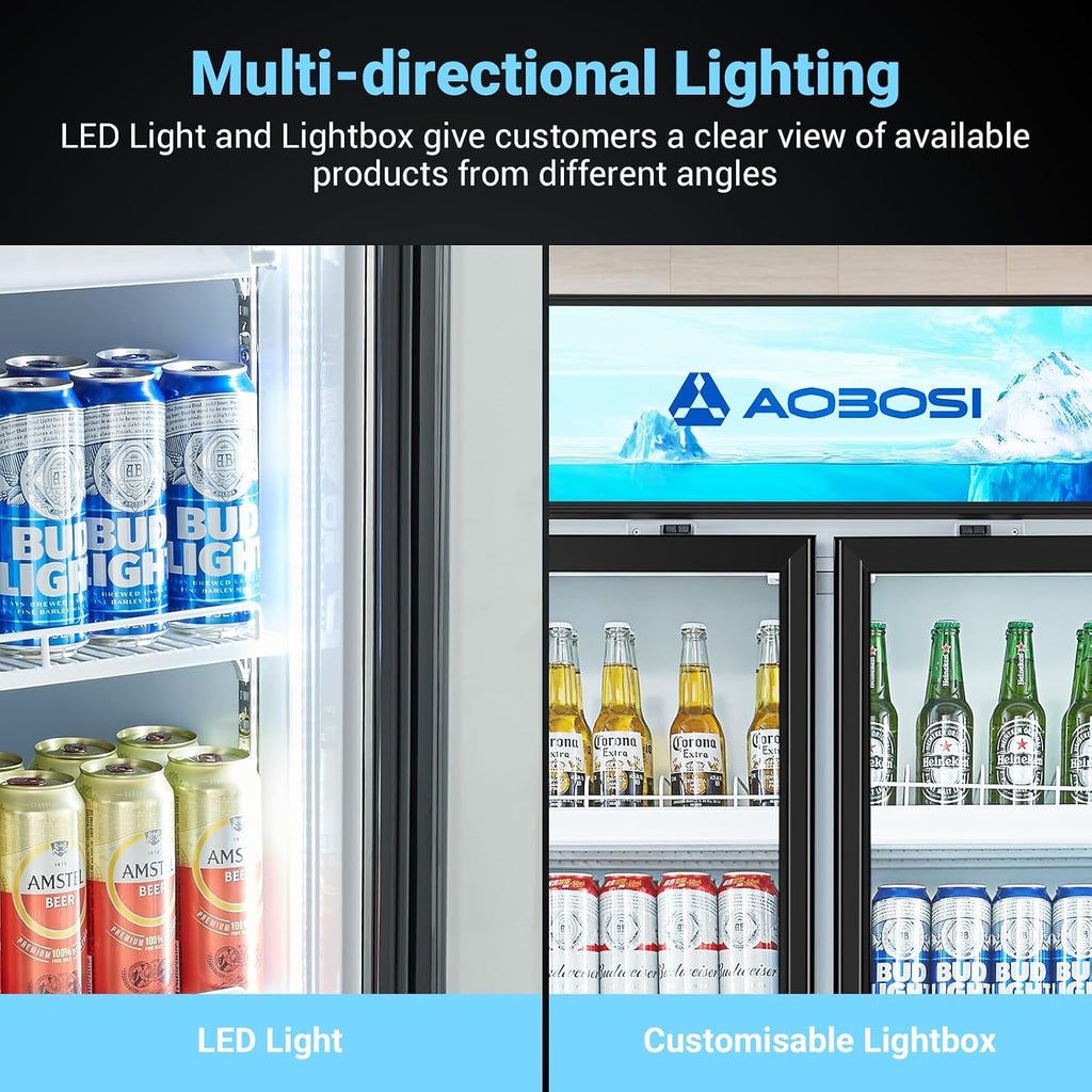 AAOBOSI 44'Commercial Merchandiser Refrigerator,27.02 Cu.Ft Glass Door Display Refrigerator,Upright Beverage Fridge with Soft LED Light,Customizable Lightbox,Universal Casters,Adjustable Shelves