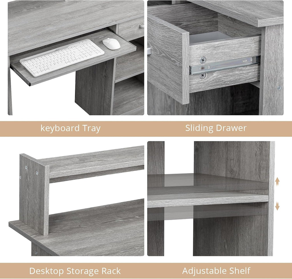 Karl home Computer Desk Study Writing Desk, Wooden Home Office Workstation PC Laptop Table with Drawer Shelf Keyboard Tray, Grey