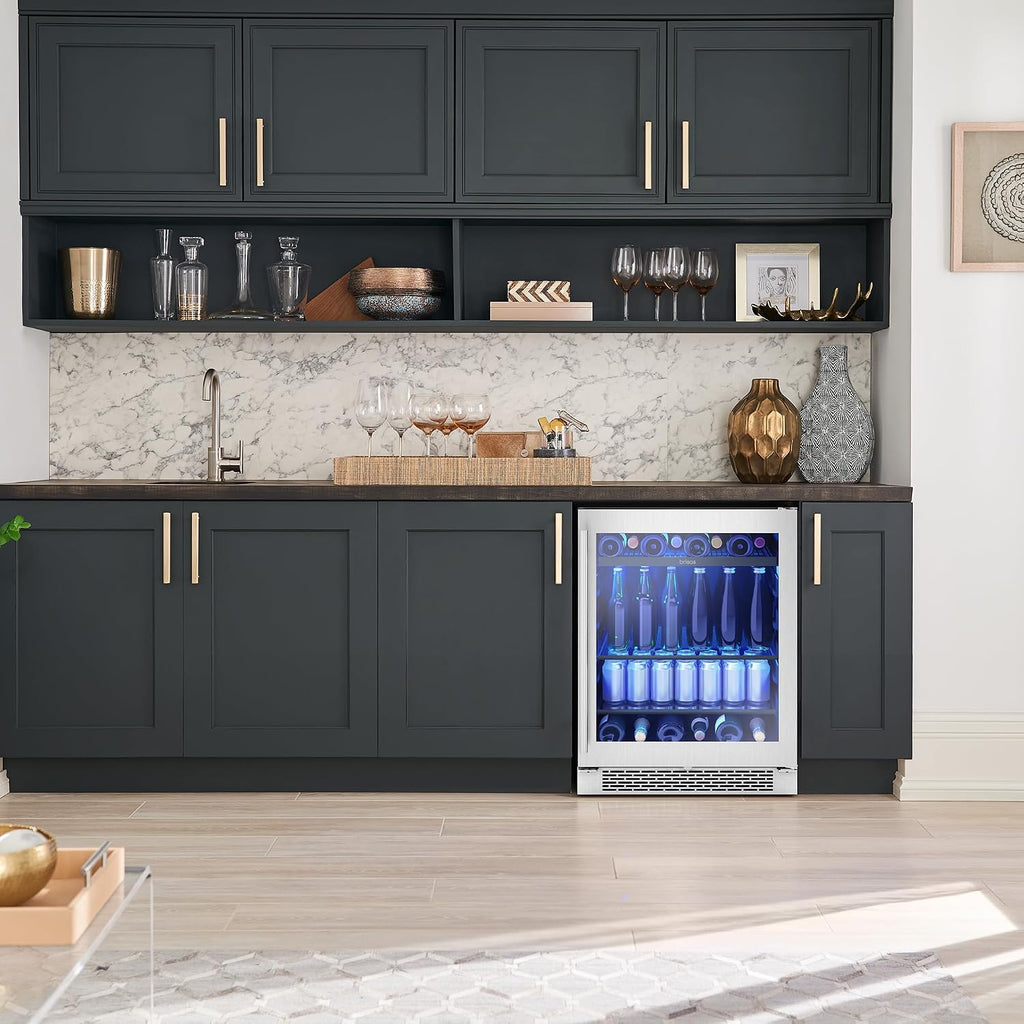 Zephyr Brisas 24' Wine Fridge & Beverage Refrigerator ADA Single Zone Under Counter - Wine Cooler Cellars Small Home Beer Fridge Cabinet Drink Chiller Freestanding with Glass Door - 8 bottles 112 cans