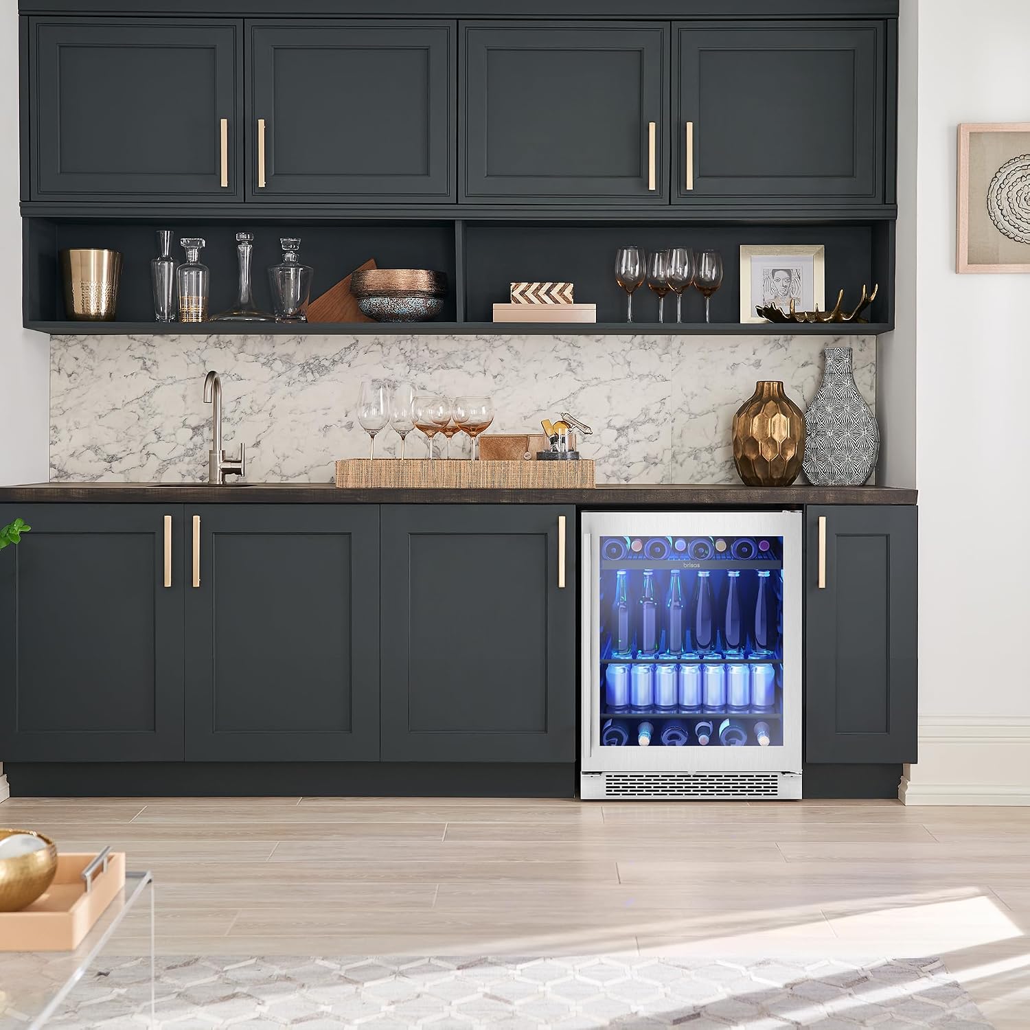 Zephyr Brisas 24' Wine Fridge & Beverage Refrigerator ADA Single Zone Under Counter - Wine Cooler Cellars Small Home Beer Fridge Cabinet Drink Chiller Freestanding with Glass Door - 8 bottles 112 cans