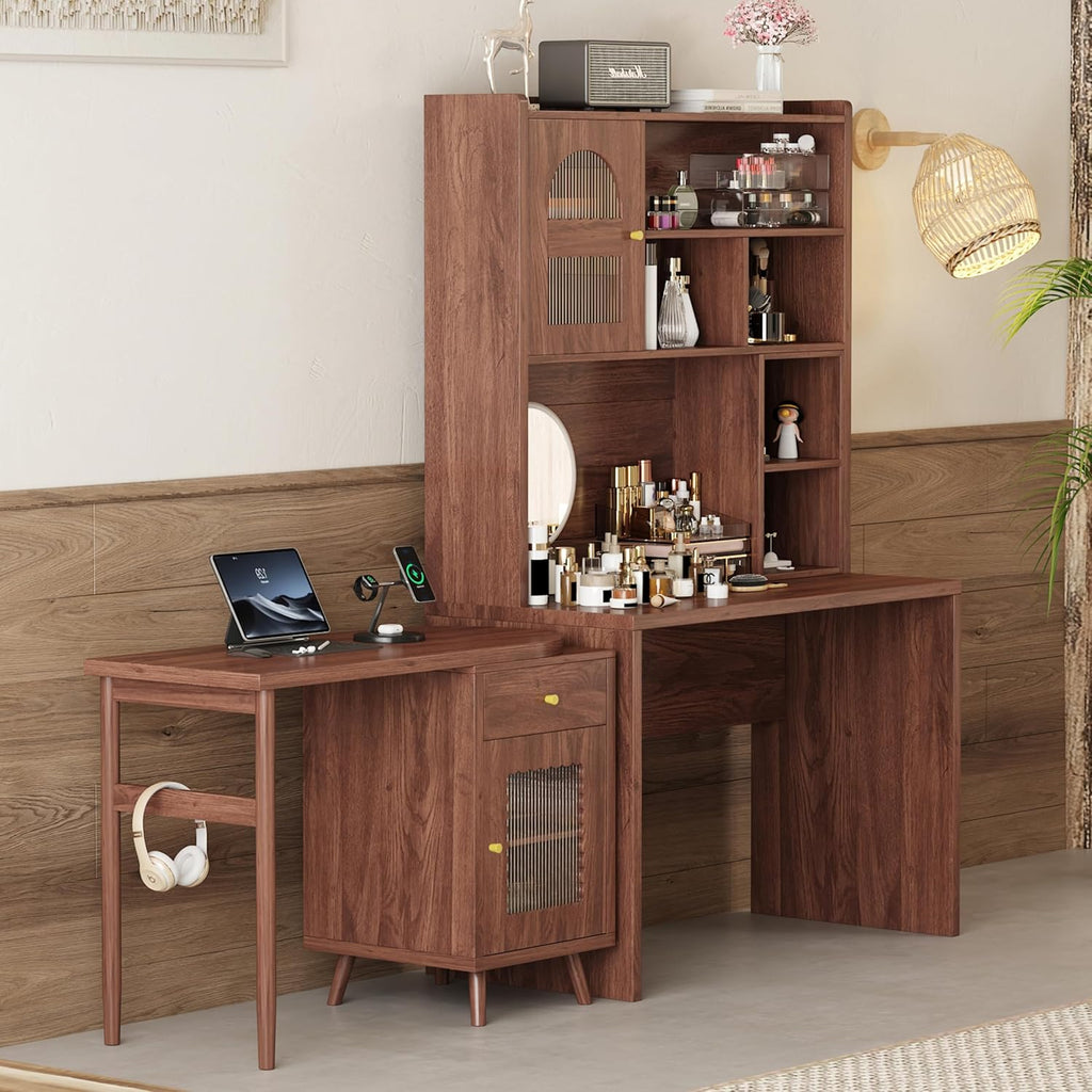 Bellemave Computer Desk with 90 Degree Rotating Desktop, 43x70 Inch Home Office Desk with Drawer and Storage Cabinets, Gaming Desk with Shelves, Writing Desk for Study (Walnut)