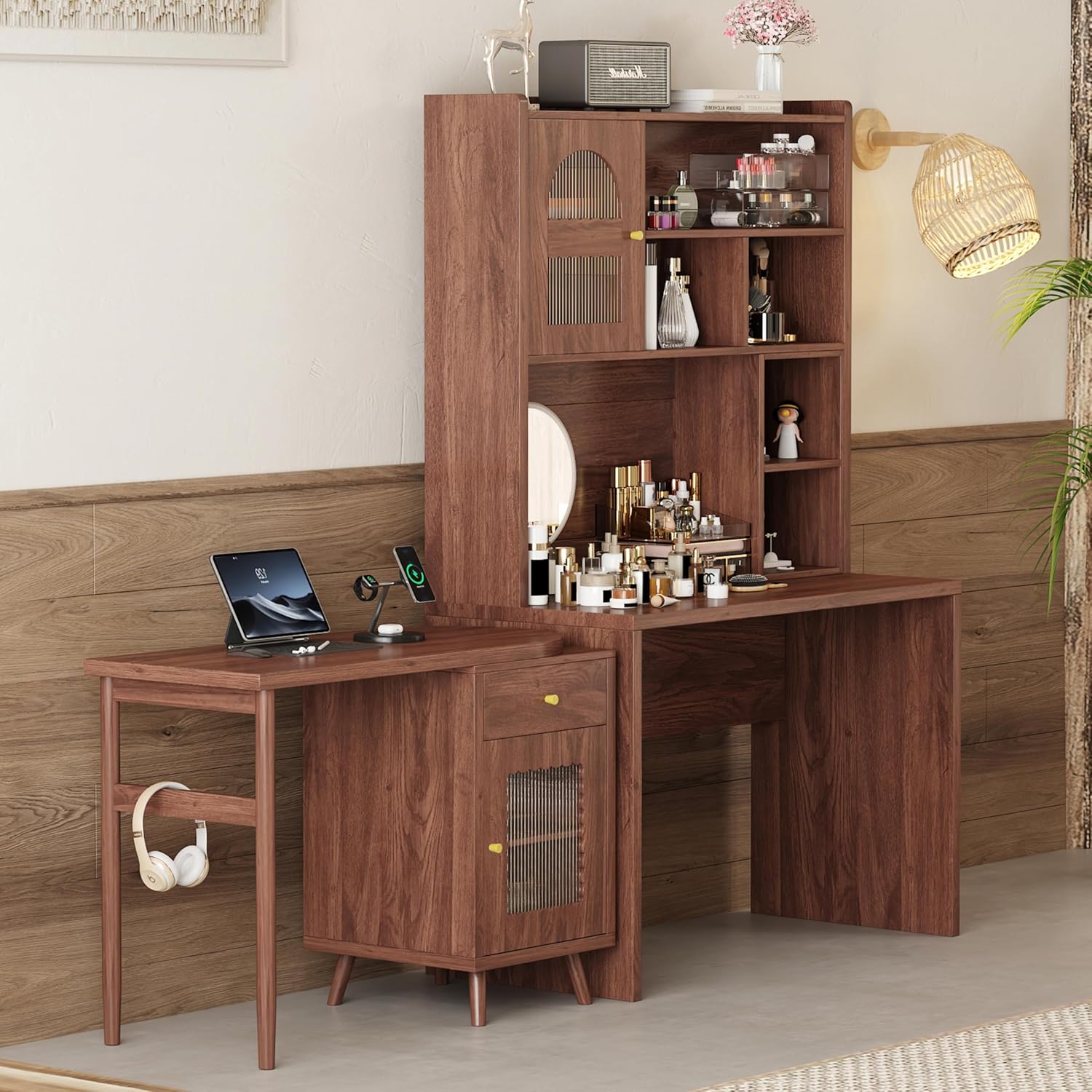Bellemave Computer Desk with 90 Degree Rotating Desktop, 43x70 Inch Home Office Desk with Drawer and Storage Cabinets, Gaming Desk with Shelves, Writing Desk for Study (Walnut)