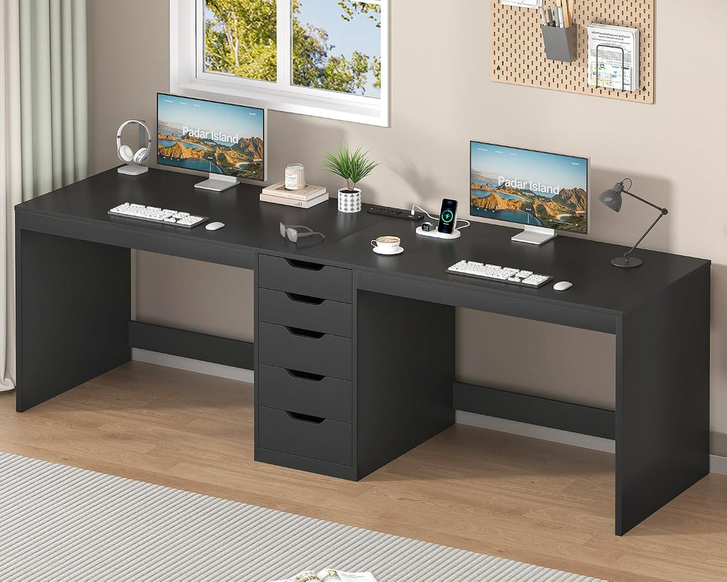 YOMILUVE 2 Person Desk with 5 Drawers and Power Outlets, 78.7 Inch Long Computer Desk with Storage File Cabinet, Two Person Home Office Double Desk with Storage, Black