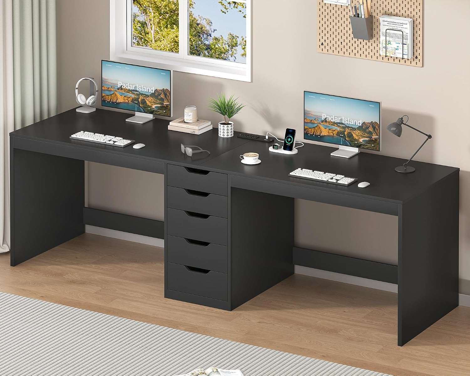 YOMILUVE 2 Person Desk with 5 Drawers and Power Outlets, 78.7 Inch Long Computer Desk with Storage File Cabinet, Two Person Home Office Double Desk with Storage, Black