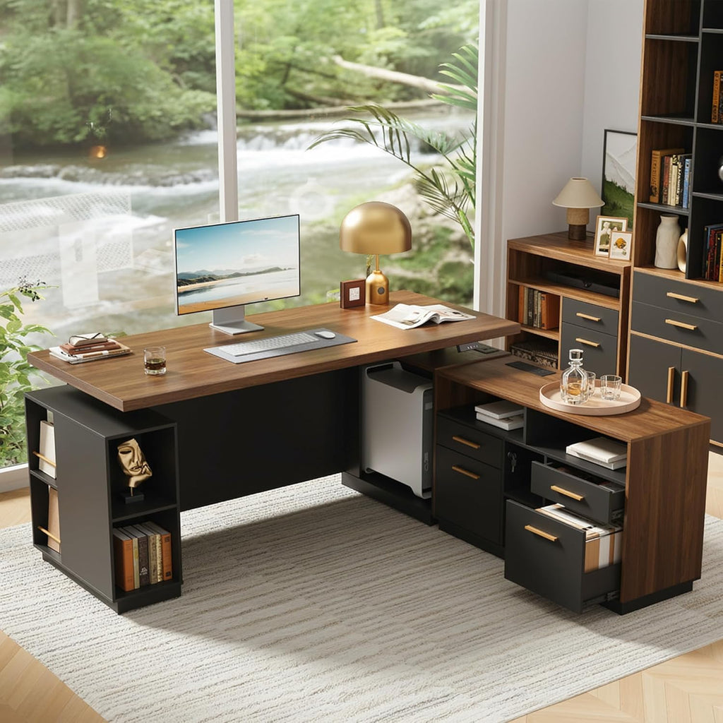 ModernMate 71' Standing Desk with File Cabinet, AC/USB, 1.18' Desktop, L Shaped Height Adjustable Desk, Electric Furniture Set with Multiple Functions for Home and Office, Black Walnut
