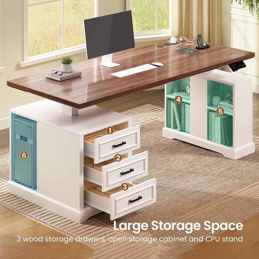 SEDETA Farmhouse Electric Standing Desk, 63' Height Adjustable Computer Desk with 3 Drawers, Storage Shelves, Power Outlets, Wood Home Office Stand up Desk for Work, Study, Writing, White