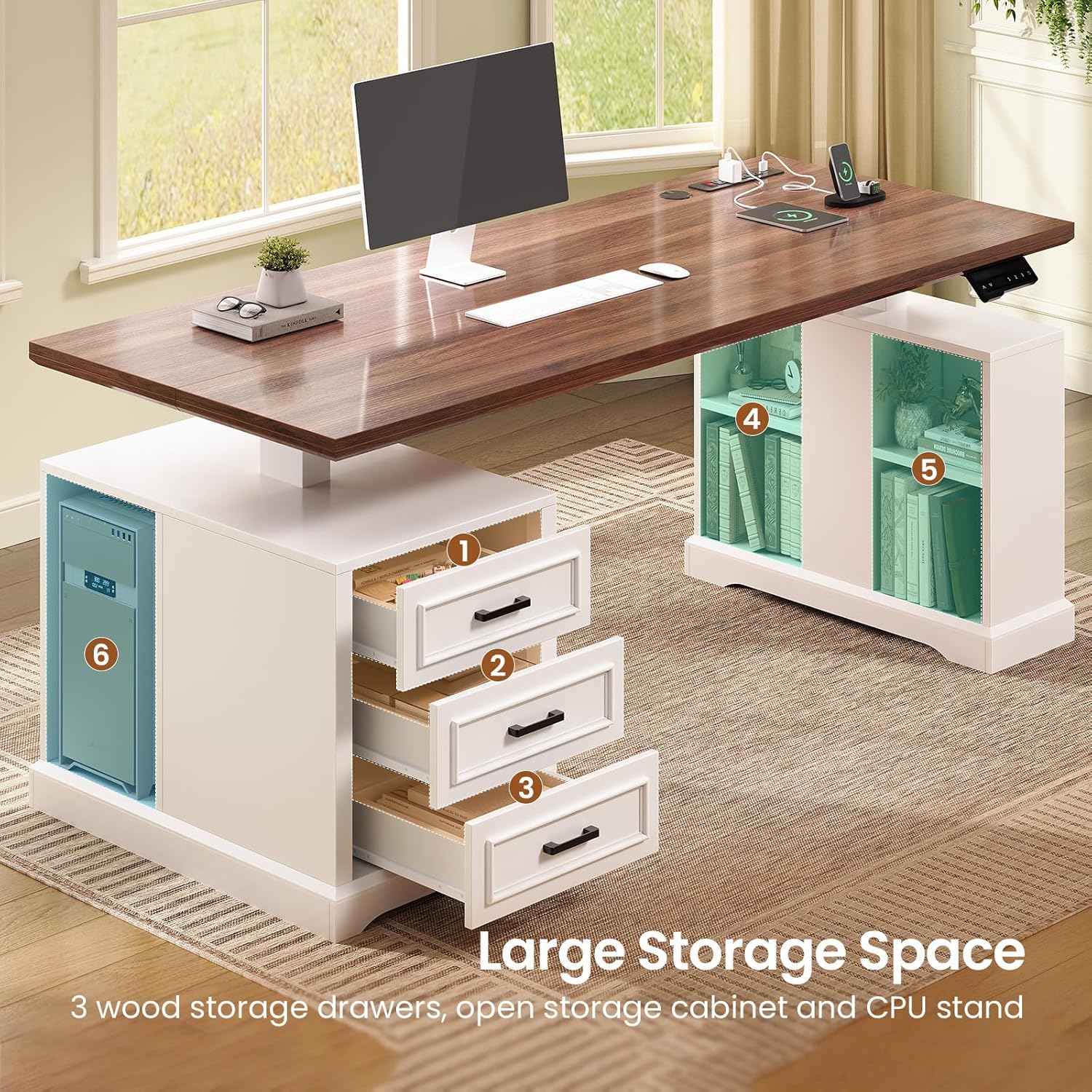 SEDETA Farmhouse Electric Standing Desk, 63' Height Adjustable Computer Desk with 3 Drawers, Storage Shelves, Power Outlets, Wood Home Office Stand up Desk for Work, Study, Writing, White
