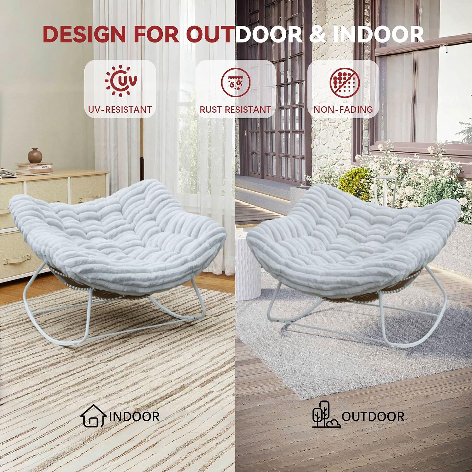 Papasan Rocking Chair, Rattan Rocking Chair, Oversized Outdoor Chair with Deep Seat Thick Cushion, Patio Rocking Chair for Bedroom/Porch/Garden (Light Grey & White)