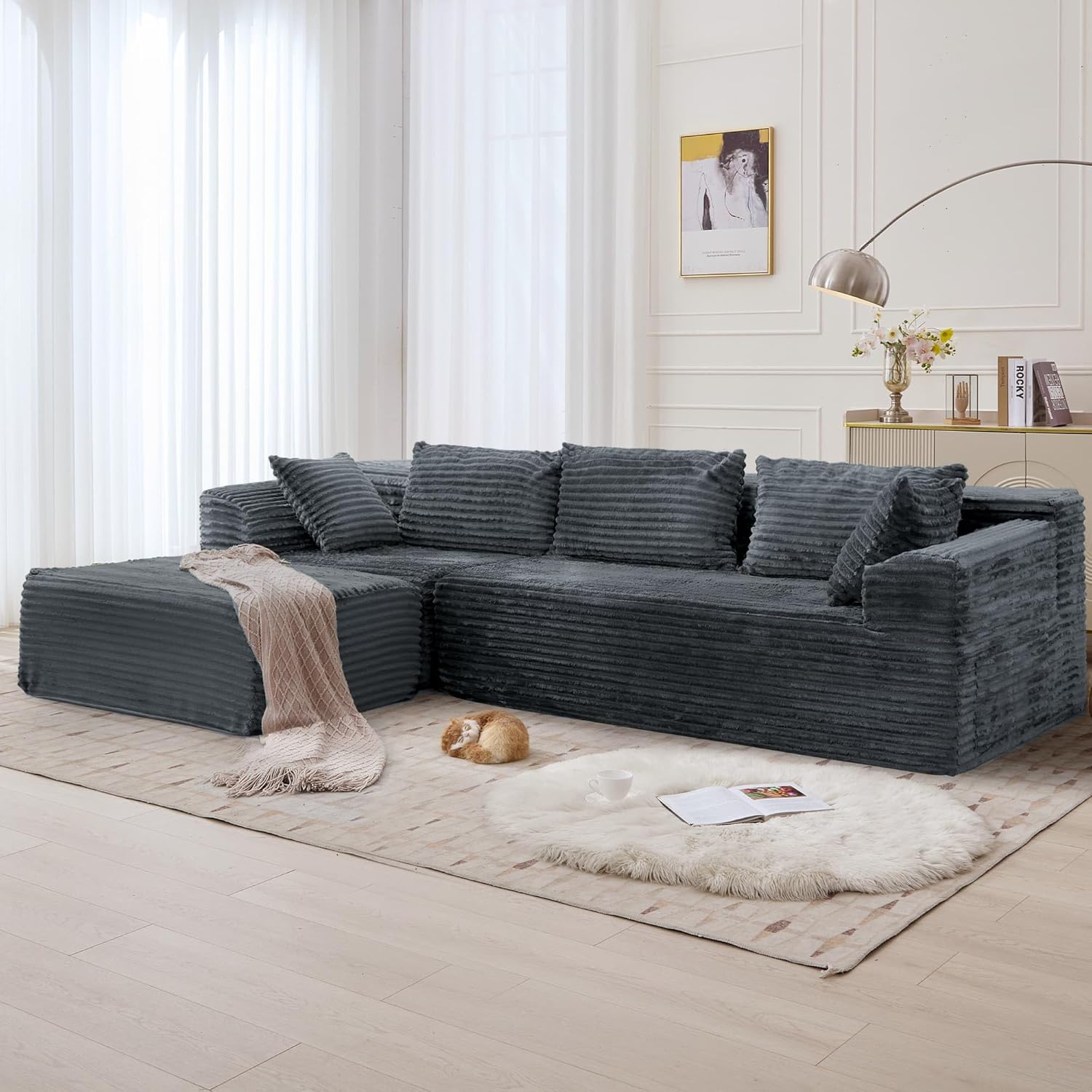 Korser 110' L-Shaped Modular Sectional Sofa with Chaise, Boneless Comfy Corduroy Fluffy Couch with Deep Seat and Side Pockets, Flexible Module Combination for Living Room, No Assembly, Side Pockets