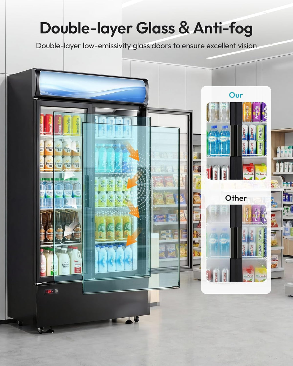 21 cu.ft Commercial Refrigerators, Beverage Fridge with LED Light, 2 Glass Door Drink Merchandiser with 8 Adjustable Shelves, 32-50°F Digital Control ETL Certified Black