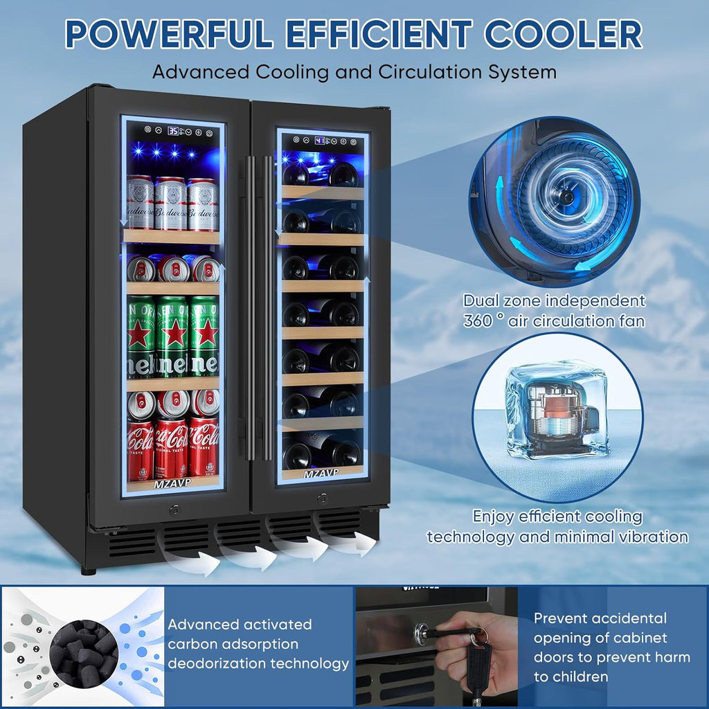 Wine and Beverage Refrigerator 24', Upgraded Dual Zone Wine Beverage Cooler with Glass Door and French Door, Large Capacity Beer Fridge Holds 21 Bottles & 88 Cans, Built-In or Freestanding - Black