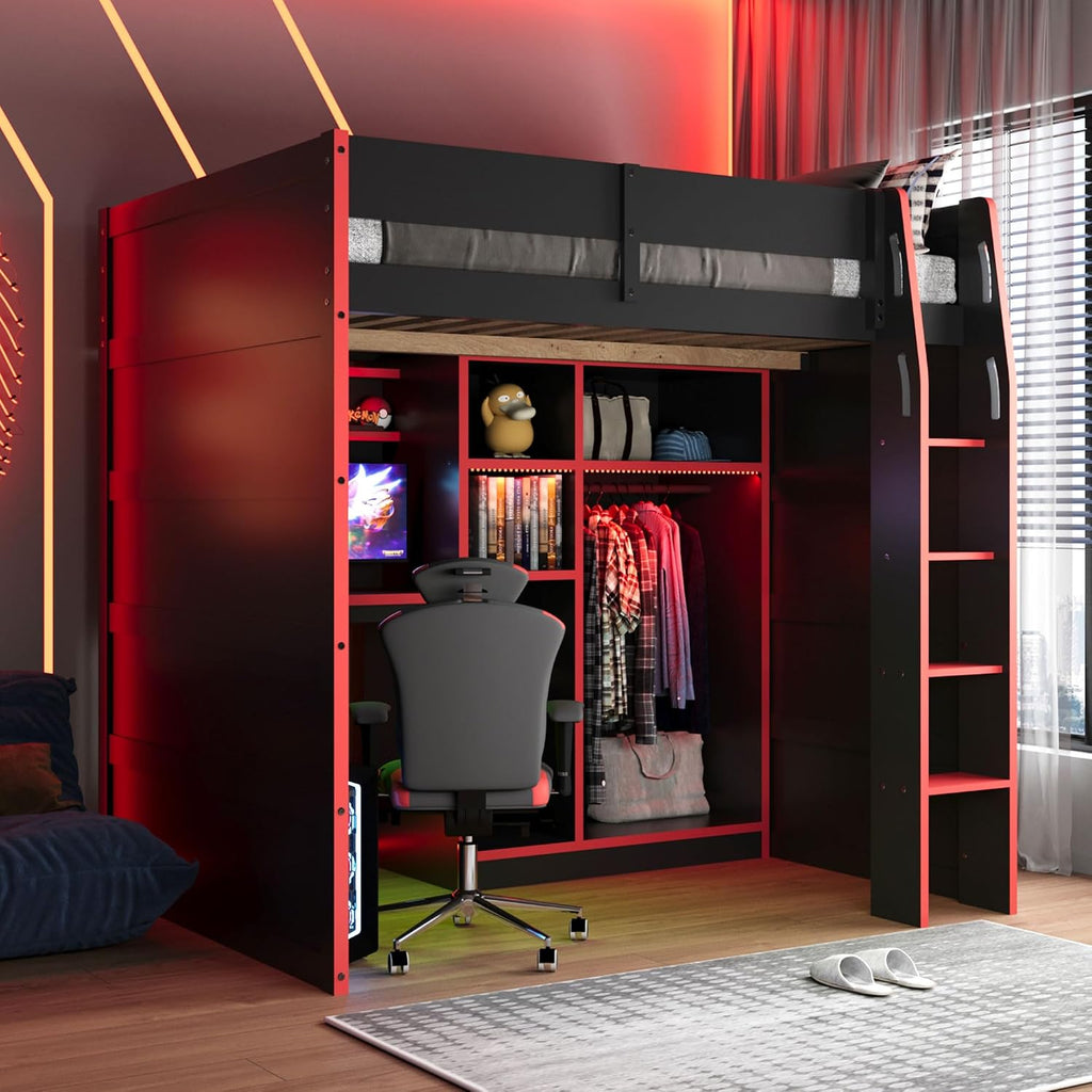 Merax Wood Loft Bed with Desk, Open Wardrobe, Storage Compartments and RGB Lights, Full Size, Red