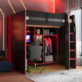 Merax Wood Loft Bed with Desk, Open Wardrobe, Storage Compartments and RGB Lights, Full Size, Red