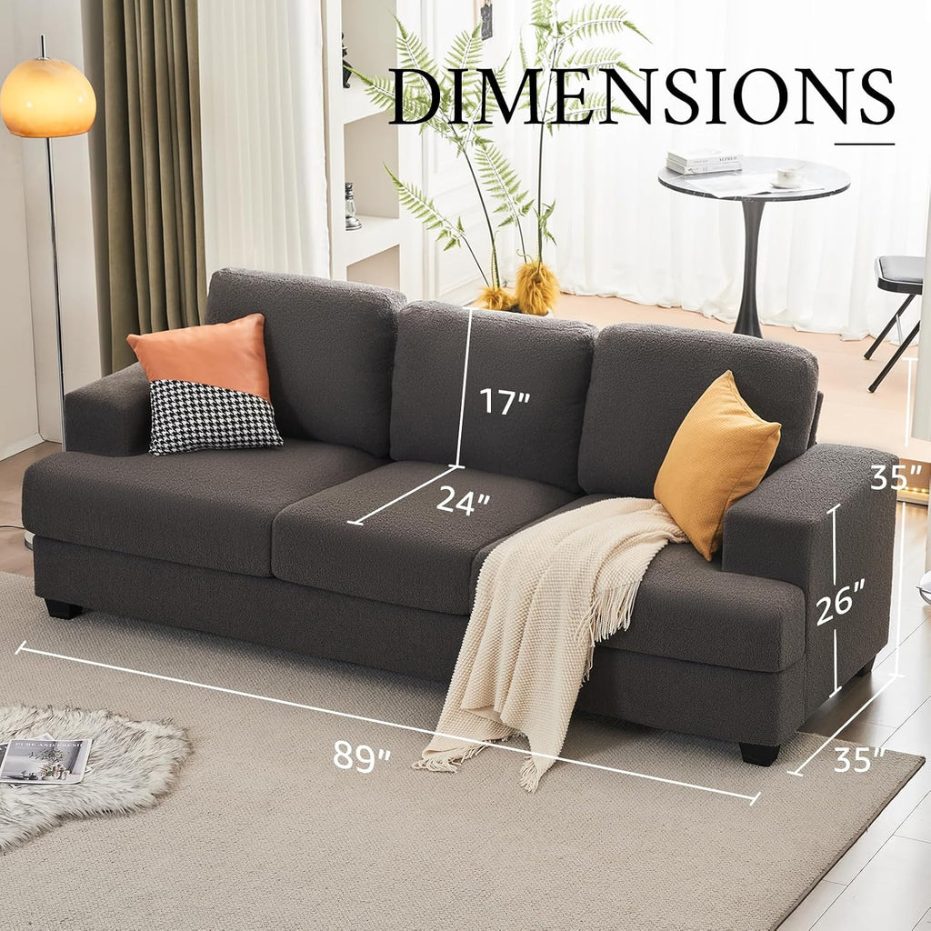 VanAcc 89 inch Sofa, 3 Seater Sofa with Extra Deep Seats, Modern Couch- Comfy Couch for Living Room Apartment Lounge, Grey Bouclé