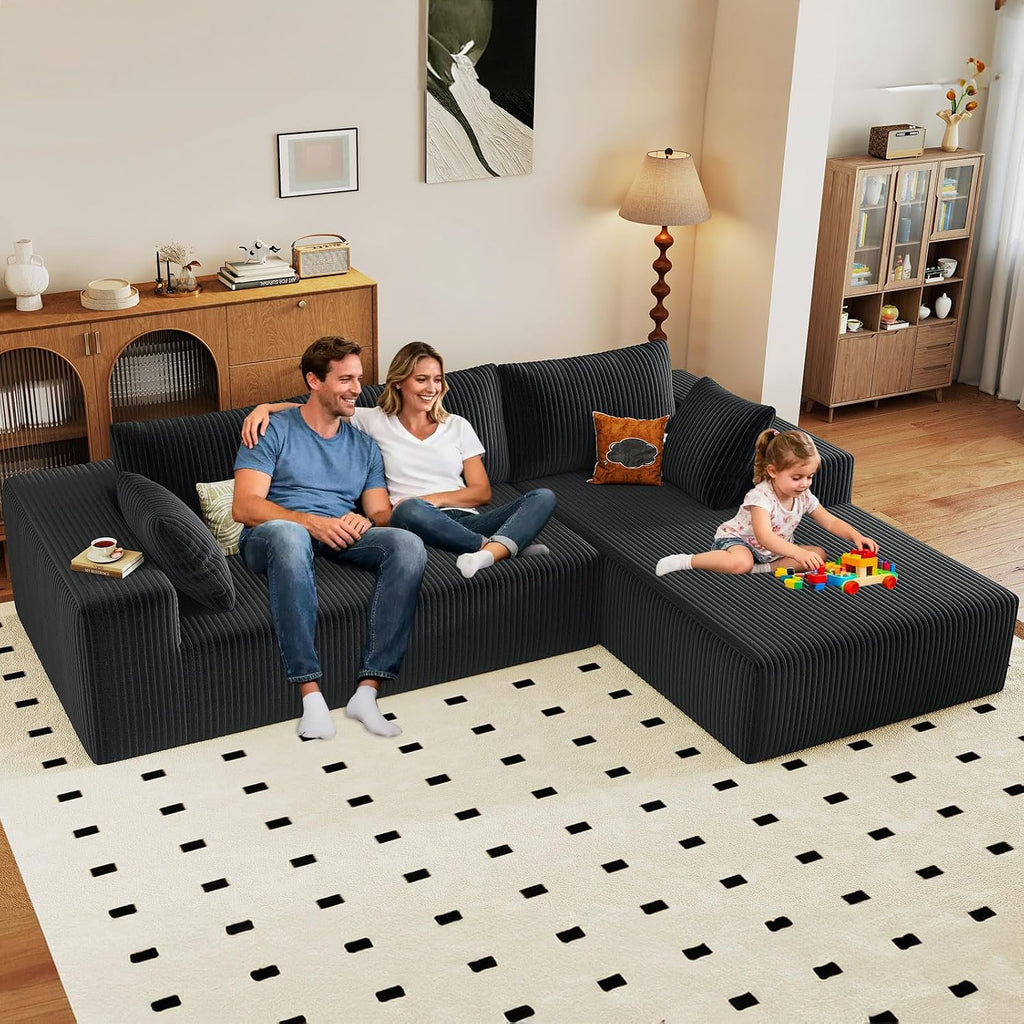 96' Modular Sectional Couch, Boneless L Shaped Cloud Sofa with Chaise Lounge, Corduroy Upholstered Couches Memory Foam Deep Seat, No Assembly Required, Ideal for Living Room(Black, Right Facing)