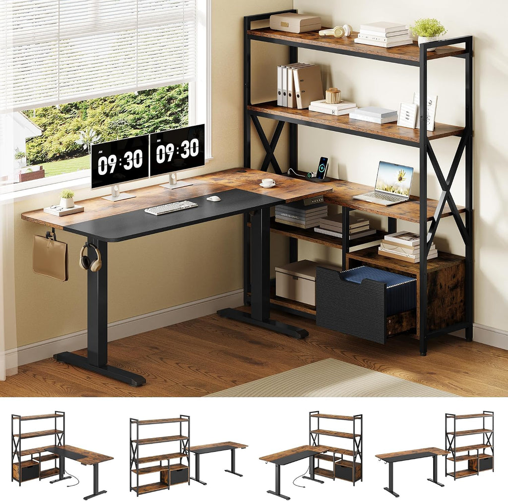 77.8 Inches L Shaped Standing Desk Corner Desk with Hutch Electric Height Adjustable Desk with Storage Shelves File Drawer Power Outlets Reversible Computer Gaming Desk for Home Office, Brown