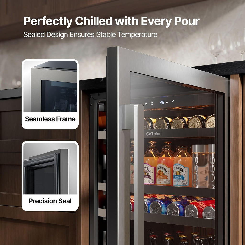 Ca'Lefort Beverage Refrigerator Cooler - 24 Inch Beverage Fridge Under Counter 180 Can with Glass Door, Freestanding or Built-in with 3 Color LED, Drink Cooler for Beer Soda or Wine (Right-Hinged)