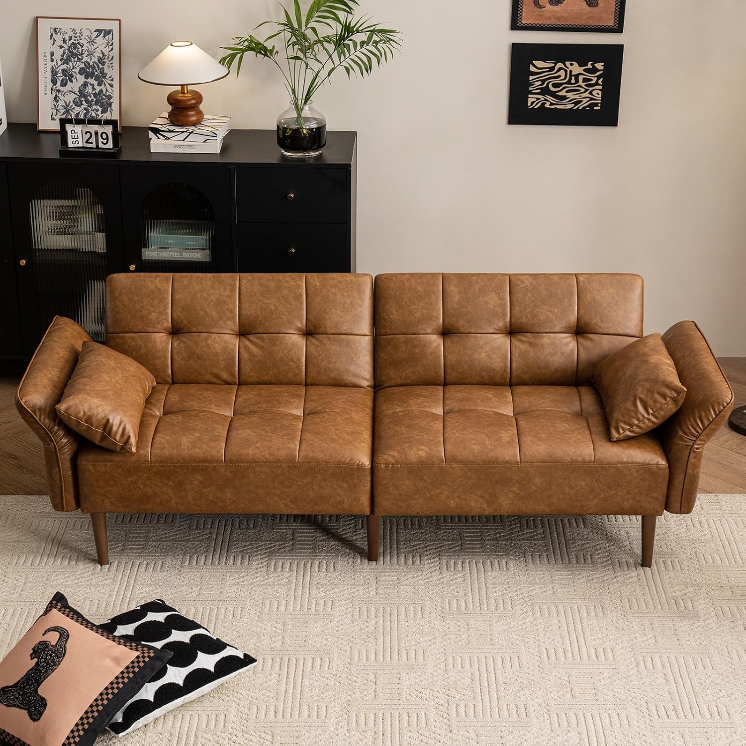 HALLYBEE 85' Futon Sofa Bed, Sleeper Sofa, Small Couch with Storage Adjustable Armrests Pillows, Faux Leather Loveseat, Mid Century Modern Couches for Living Room, Bedroom, Apartment, Brown