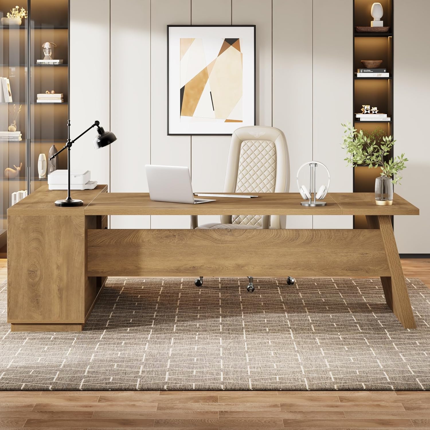 Tribesigns Modern L-Shaped Executive Desk, 78.7' L x 31.5' W x 29.5' H, Brown, 3 Drawers, 2 Shelves, Scratch Resistant, Home Office Desk