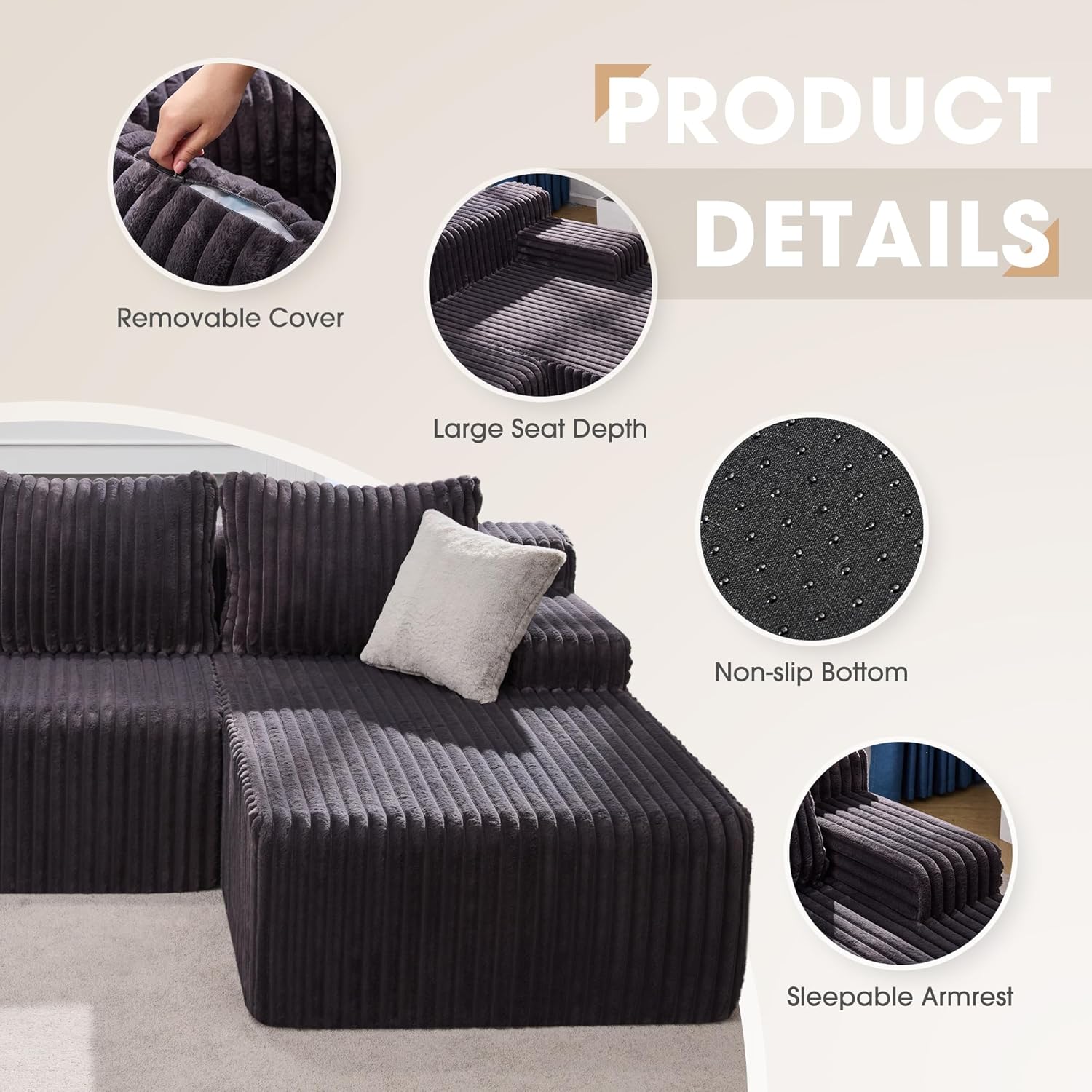 Modular Sectional Sofa Couches L-Shape Couch 3 Seat Modular Sofa Memory Foam Sectional Couches for Living Room, Cloud Couch with Oversized Chaise (Dark Grey Facing Chaise)
