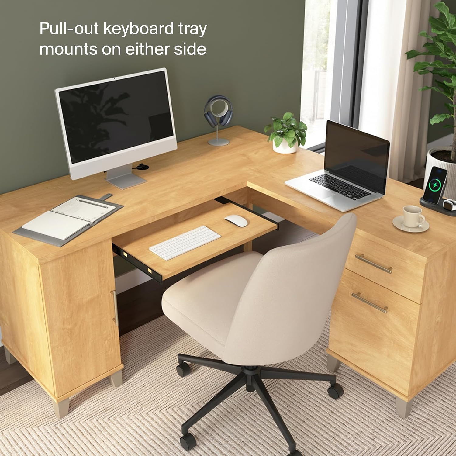 Bush Home 60-Inch L-Shaped Desk with Storage, Corner Computer Office Desk with Drawers and Storage Cabinet, Home Office Furniture, Somerset Collection, Maple Cross