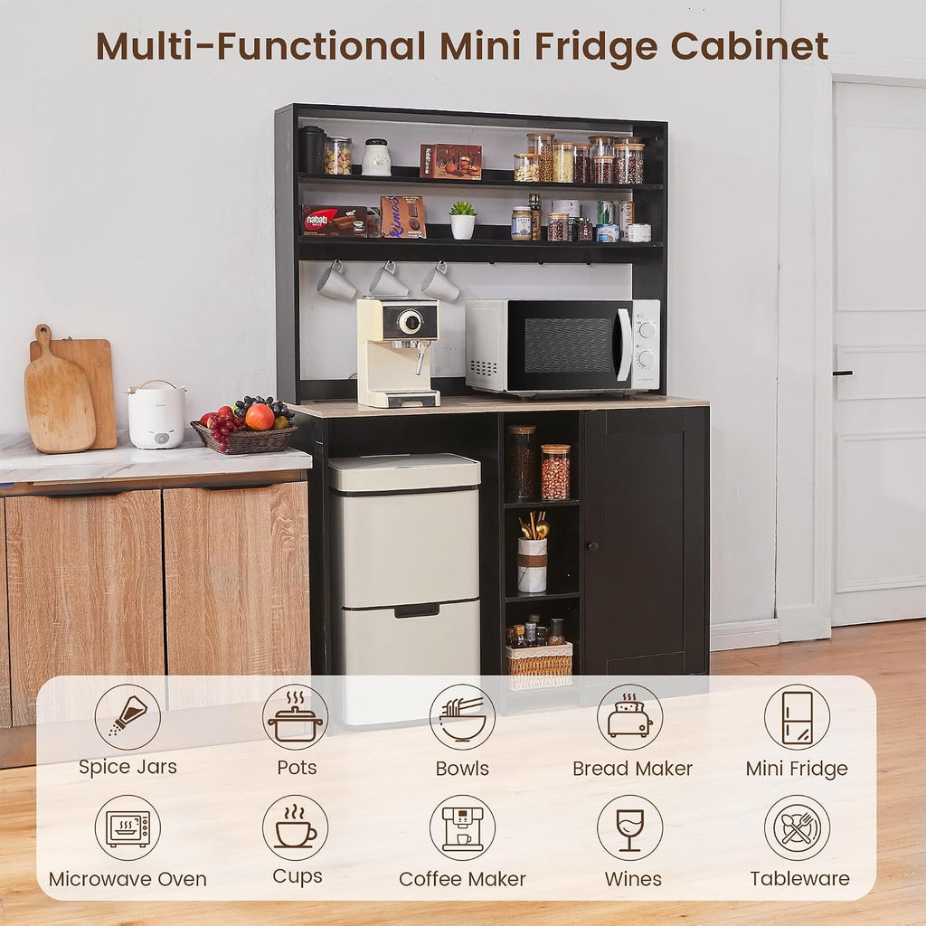 Mini Fridge Cabinet with Storage, Coffee Bar Cabinet with Mini Fridge Space and Power Outlet, Liquor Wine Bar Cabinet with Microwave Shelf, Beverage Station for Kitchen, Dorm, Living Room