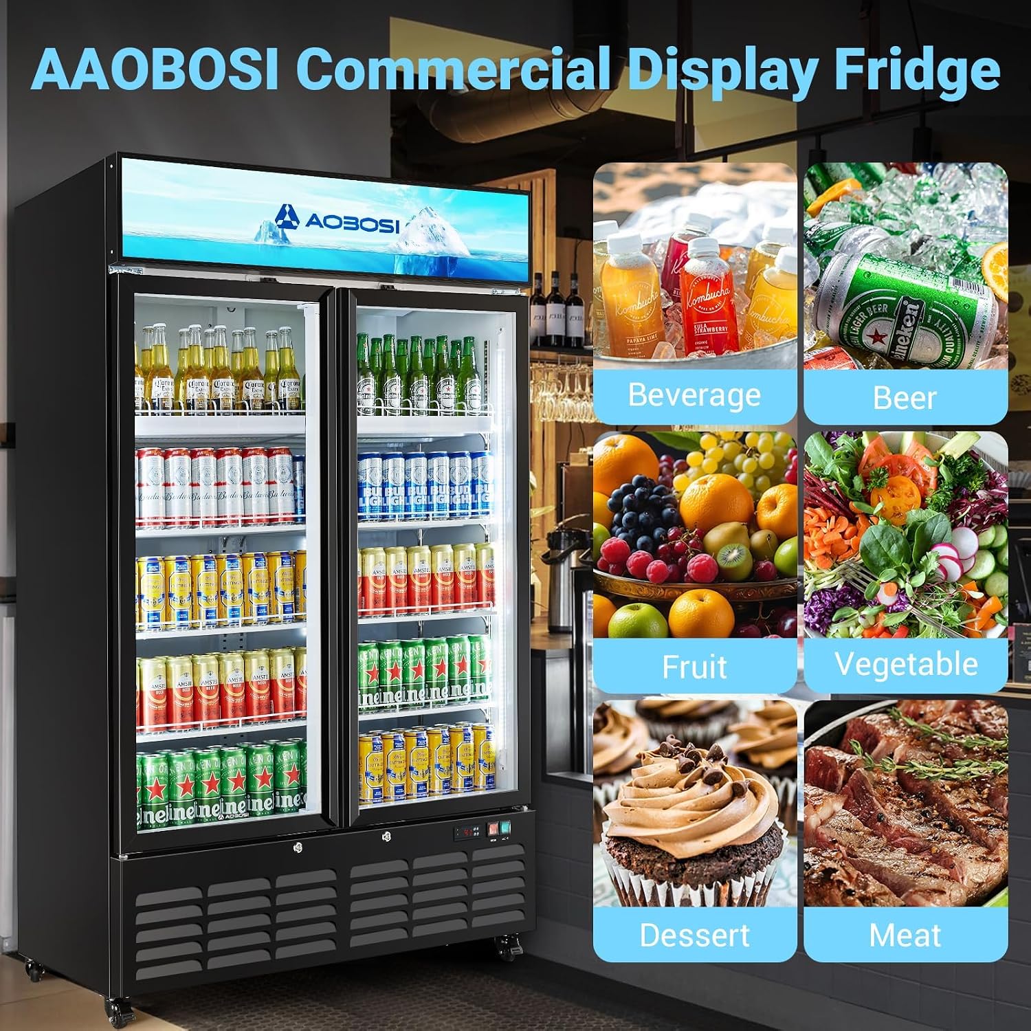 AAOBOSI 44'Commercial Merchandiser Refrigerator,27.02 Cu.Ft Glass Door Display Refrigerator,Upright Beverage Fridge with Soft LED Light,Customizable Lightbox,Universal Casters,Adjustable Shelves