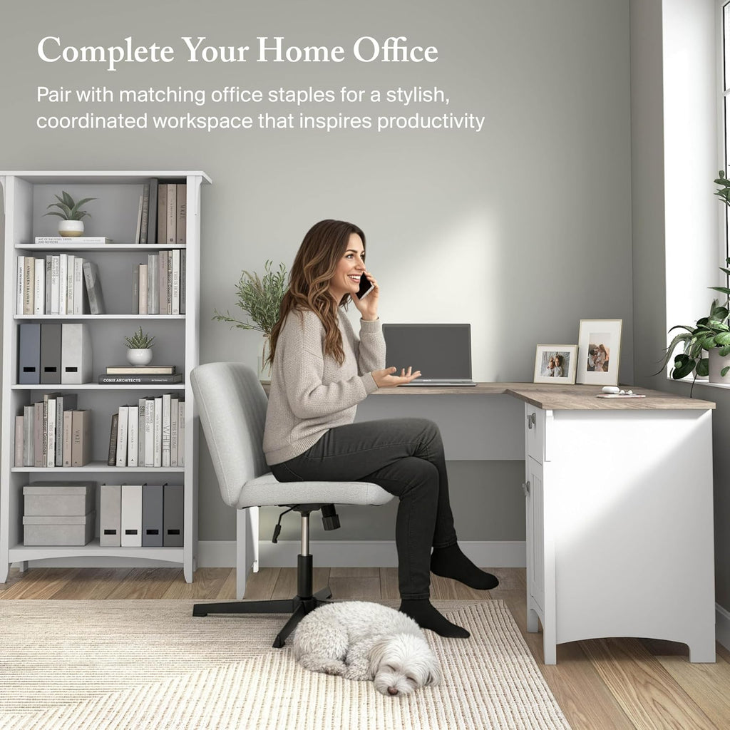 Bush Home L Shaped Desk with Storage for Home Office, Modern Farmhouse Corner Table with Drawers and Cabinets, Salinas Collection, Pure White and Shiplap Gray