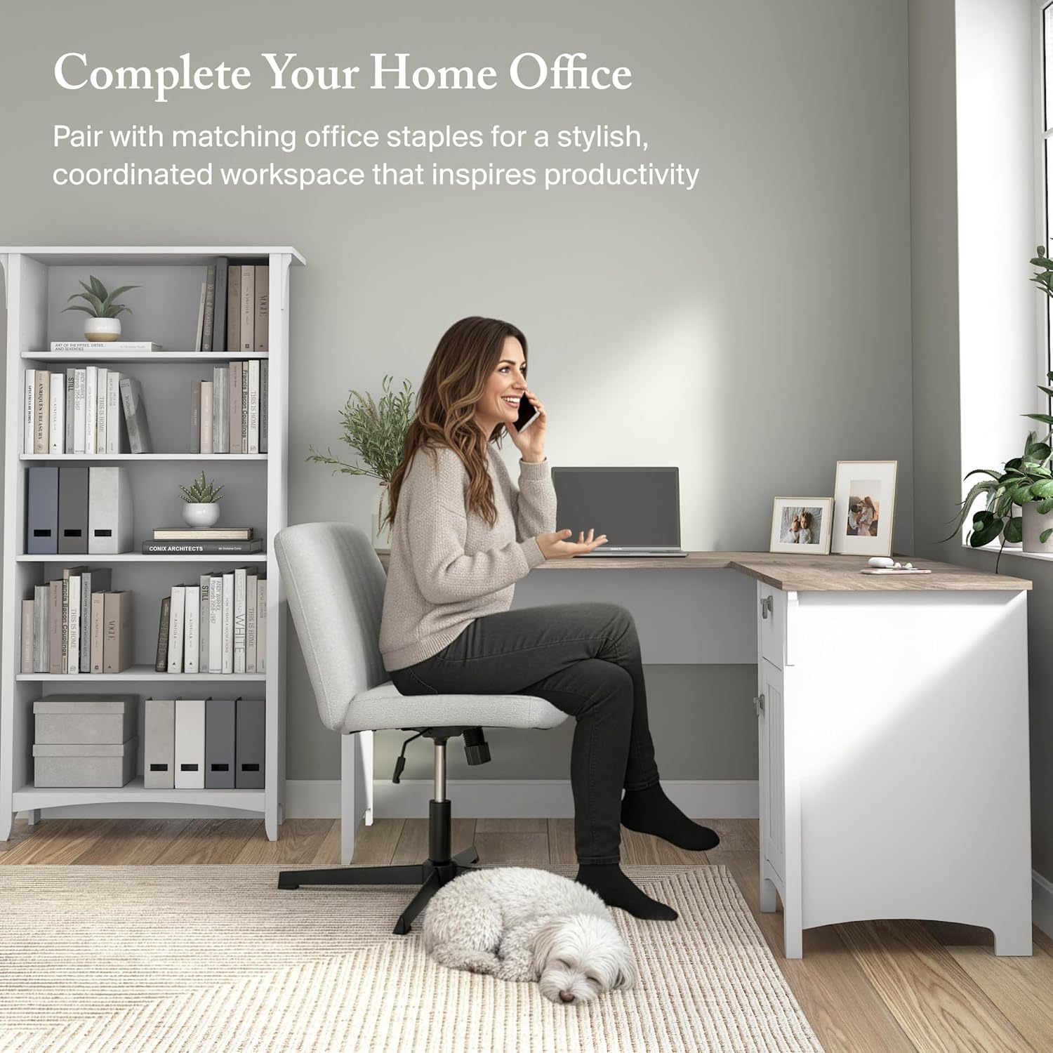 Bush Home L Shaped Desk with Storage for Home Office, Modern Farmhouse Corner Table with Drawers and Cabinets, Salinas Collection, Pure White and Shiplap Gray