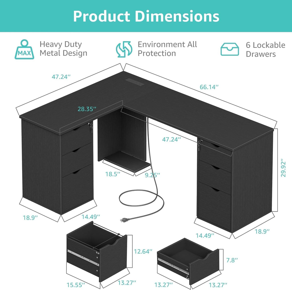 WINAZ Black L Shaped Office Desk with Lockable Drawers, 66 Inch Wood Executive L-Shaped Computer Desk with File Cabinet Storage & Power Outlet, Modern Large Corner Desks with Filing Cabinets
