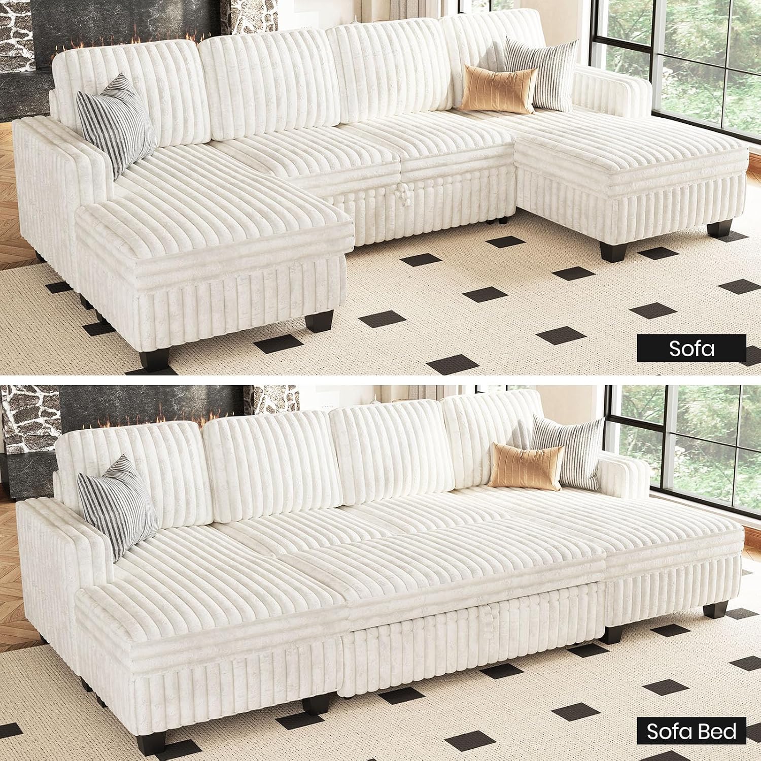 Belffin Modular Sectional Sleeper Sofa with Pull Out Couch Bed Corduroy Double Chaise with Storage Beige Couch