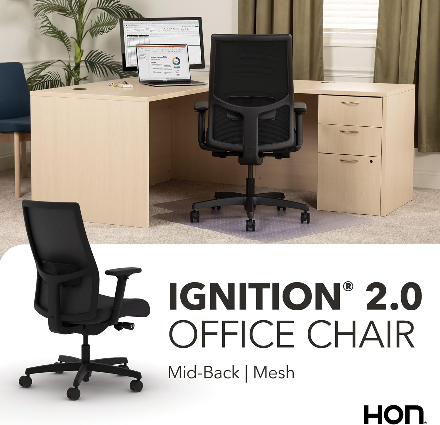HON Ignition 2.0 Mid‑Back Ergonomic Office Chair, Mesh Task Seating with Lumbar Support, Advanced Synchro‑Tilt, Height and Width Adjustable Arms, Black Frame, Onyx