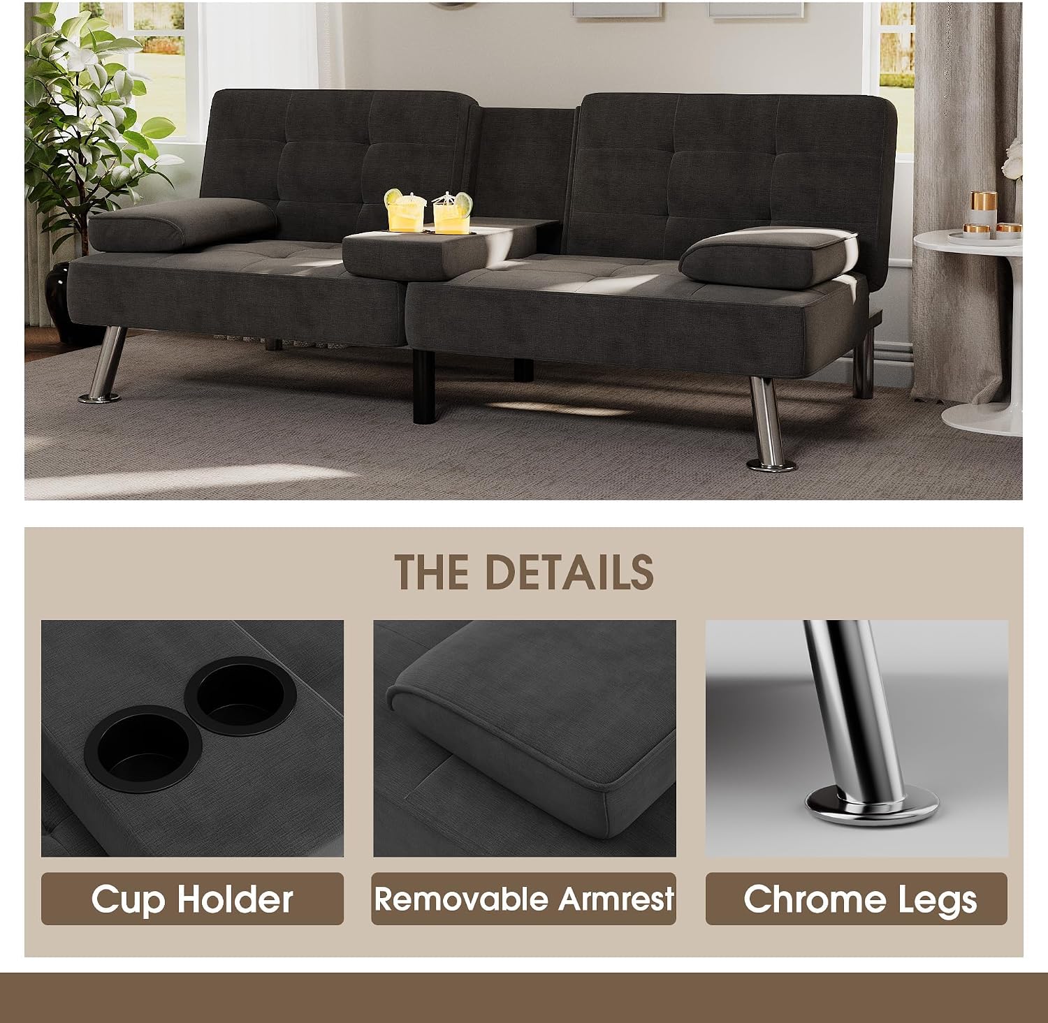 Flamaker Futon Sofa Bed Modern Folding Futon Set Linen Fabric Convertible Recliner Lounge for Living Room with 2 Cup Holders, Removable Armrests (Fabric, Carbon Black)