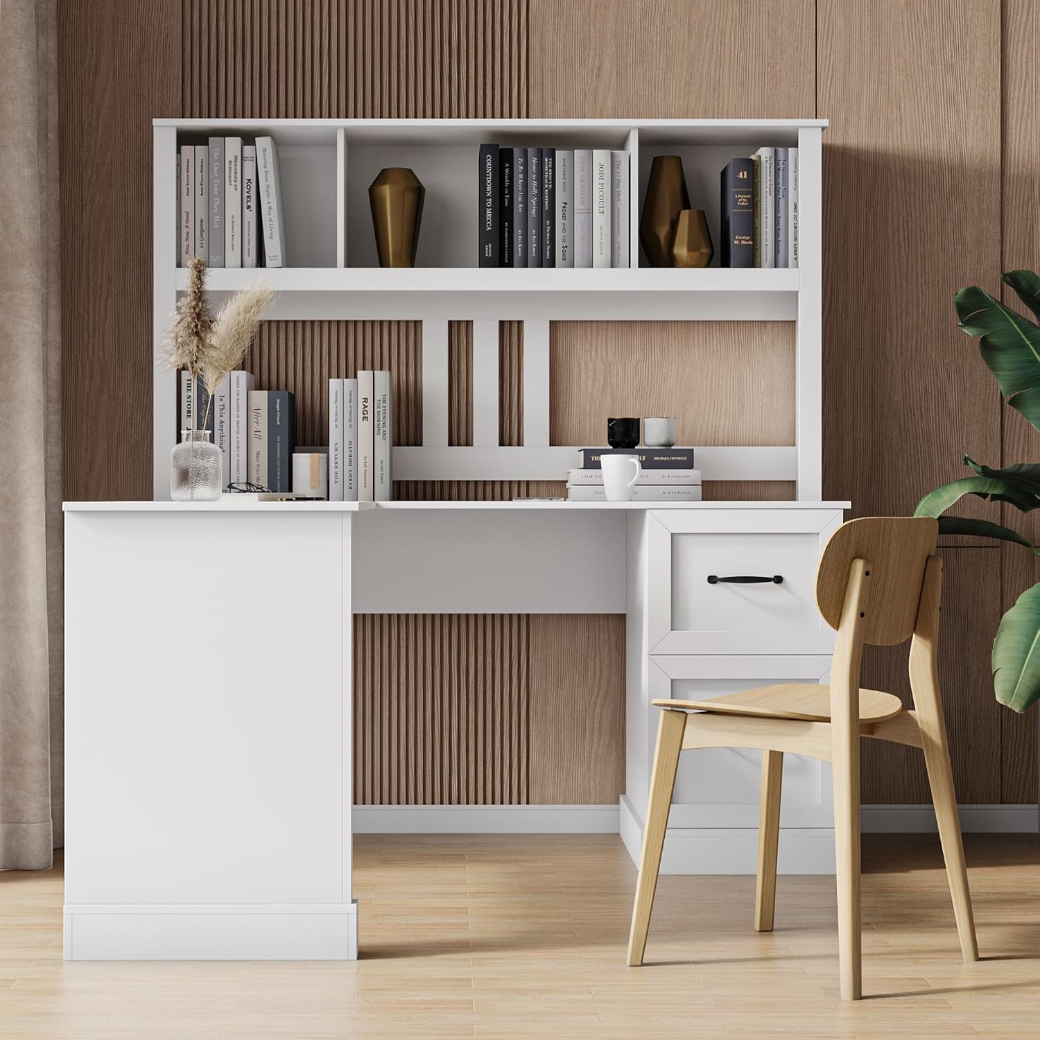 Bellemave L Shaped Computer Desk with Hutch, Home Office Desk with Storae Drawers & Bookshelf, Corner Desk, Study Table Writing Desk with Storage, Easy to Assemble, Antiqued White