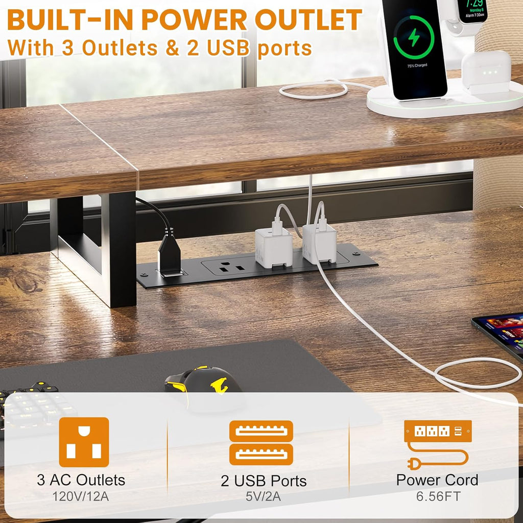 Aheaplus Gaming Desk with LED Lights and Power Outlets, 59 inch Home Office Computer Desk with Fabric File Drawers, Reversible Work Desks with Monitor Stand and Storage Shelves, Rustic Brown