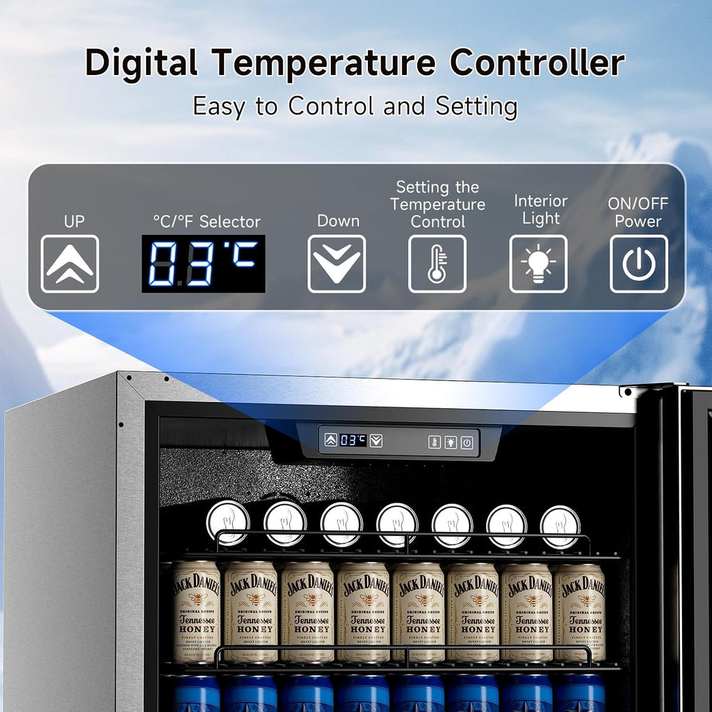 24 Inch Indoor Outdoor Beverage Refrigerator, Stainless Steel Beverage Cooler, Under Counter Built-in or Freestanding Fridge for Patio, Home Bar & Commercial Use, Holds 195 Cans, 34-46℉