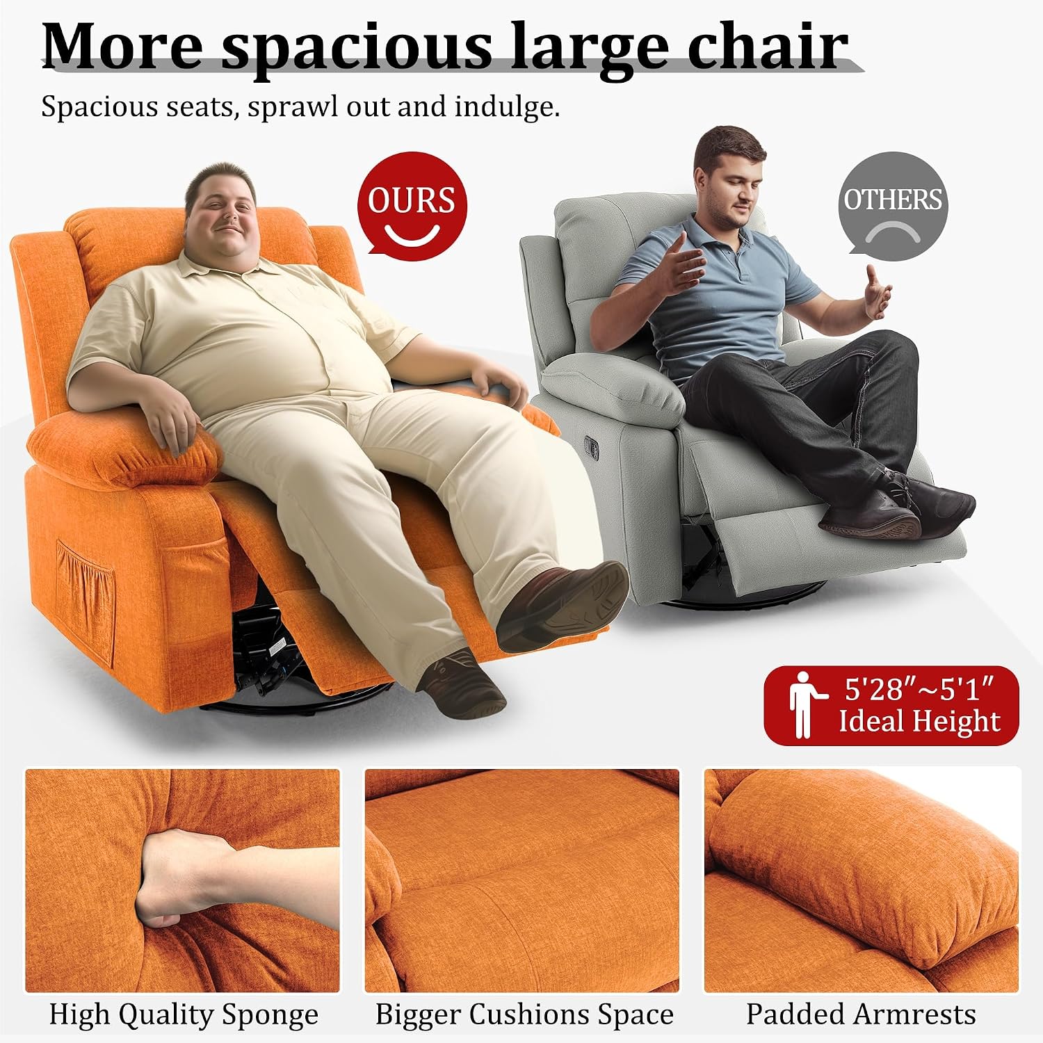 Korser Recliner Chair, Wide Rocker Chair, Rocking Chair with Massage and Heat,360°Swivel Nursery Rocking Chairs, Oversized Recliner for Adults, Cashmere Reclining Sofa for Living Room, Orange