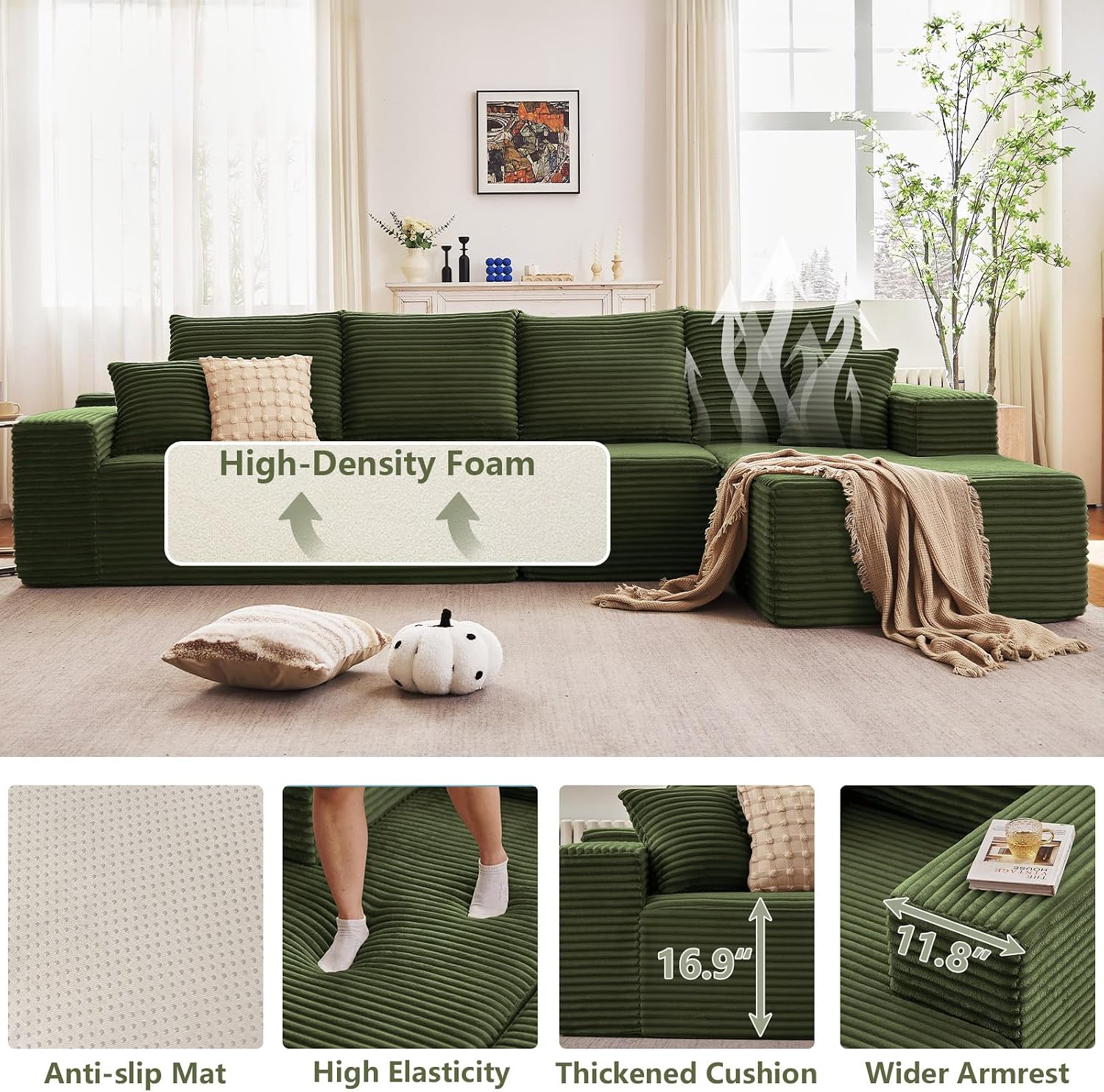 135' Cloud Sectional Couch with L-Shape Chaise, Modern Modular Comfy Sofa Chaise Longue, Upholstered Corduroy Couches Sleeper with Deep Seat for Living Room Bedroom, No Assembly Required, Green