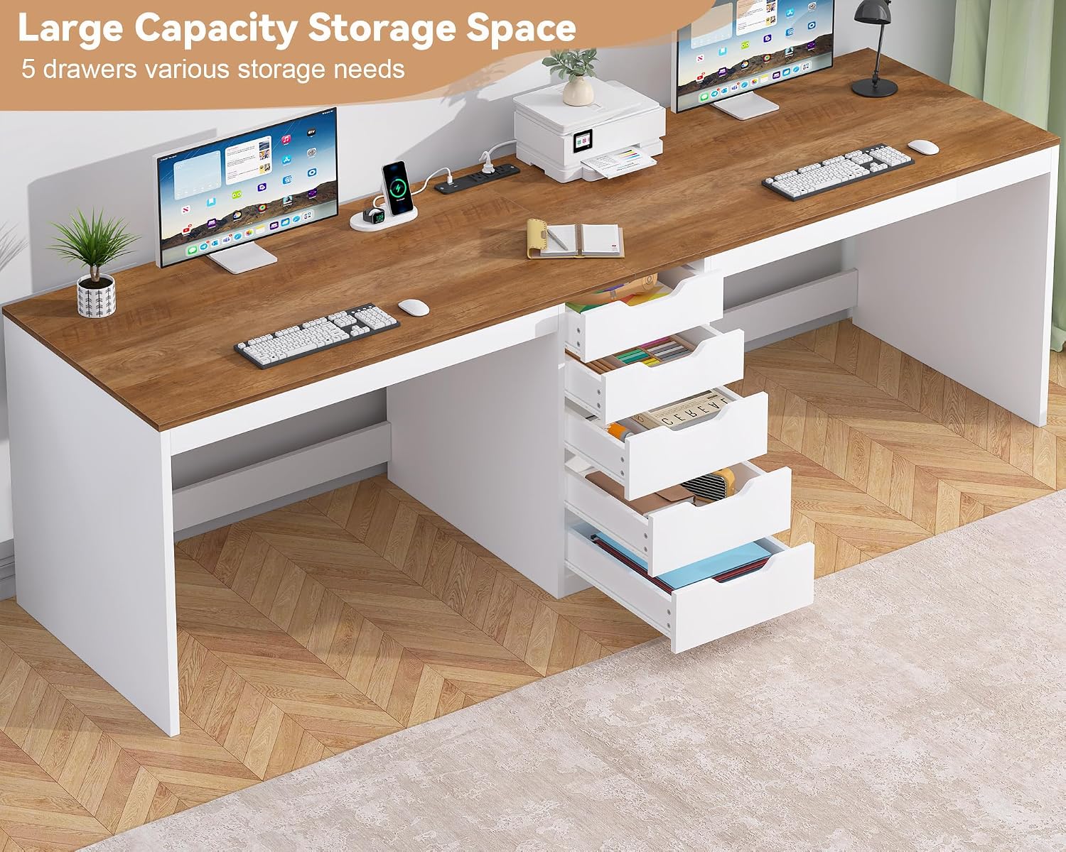 YOMILUVE 2 Person Desk with 5 Drawers and Power Outlets, 78.7 Inch Long Computer Desk with Storage File Cabinet, Two Person Home Office Double Desk with Storage, Brown and White