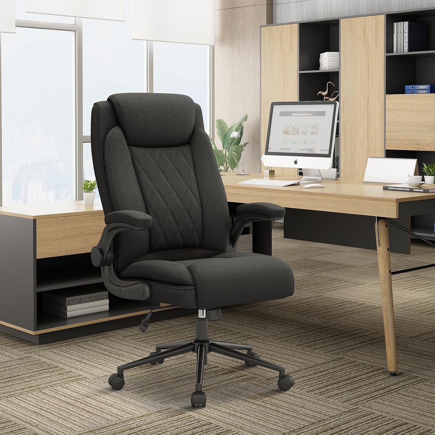 ralex-chair 2 Pack Big and Tall Office Chair -500 lb Heavy Duty Office Chair for Big Man, Fabric High Back Executive Office Desk Chair with 120° Tilt Rock,Computer Desk Chair with flip up arm - Black