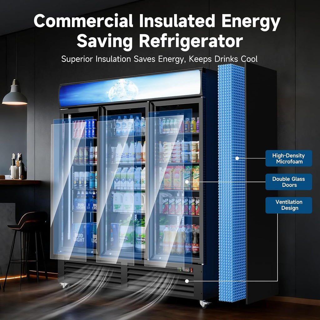 Commercial Beverage Refrigerator 56 Cu Ft, Commercial Display Fridge with Glass Door, Upright Merchandiser Refrigerator Cooler with Front LED Light for Stores, Restaurant, Office