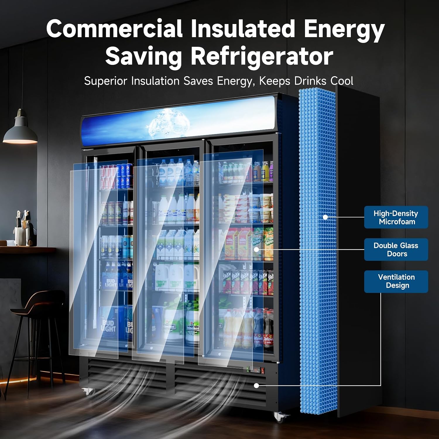 Commercial Beverage Refrigerator 56 Cu Ft, Commercial Display Fridge with Glass Door, Upright Merchandiser Refrigerator Cooler with Front LED Light for Stores, Restaurant, Office