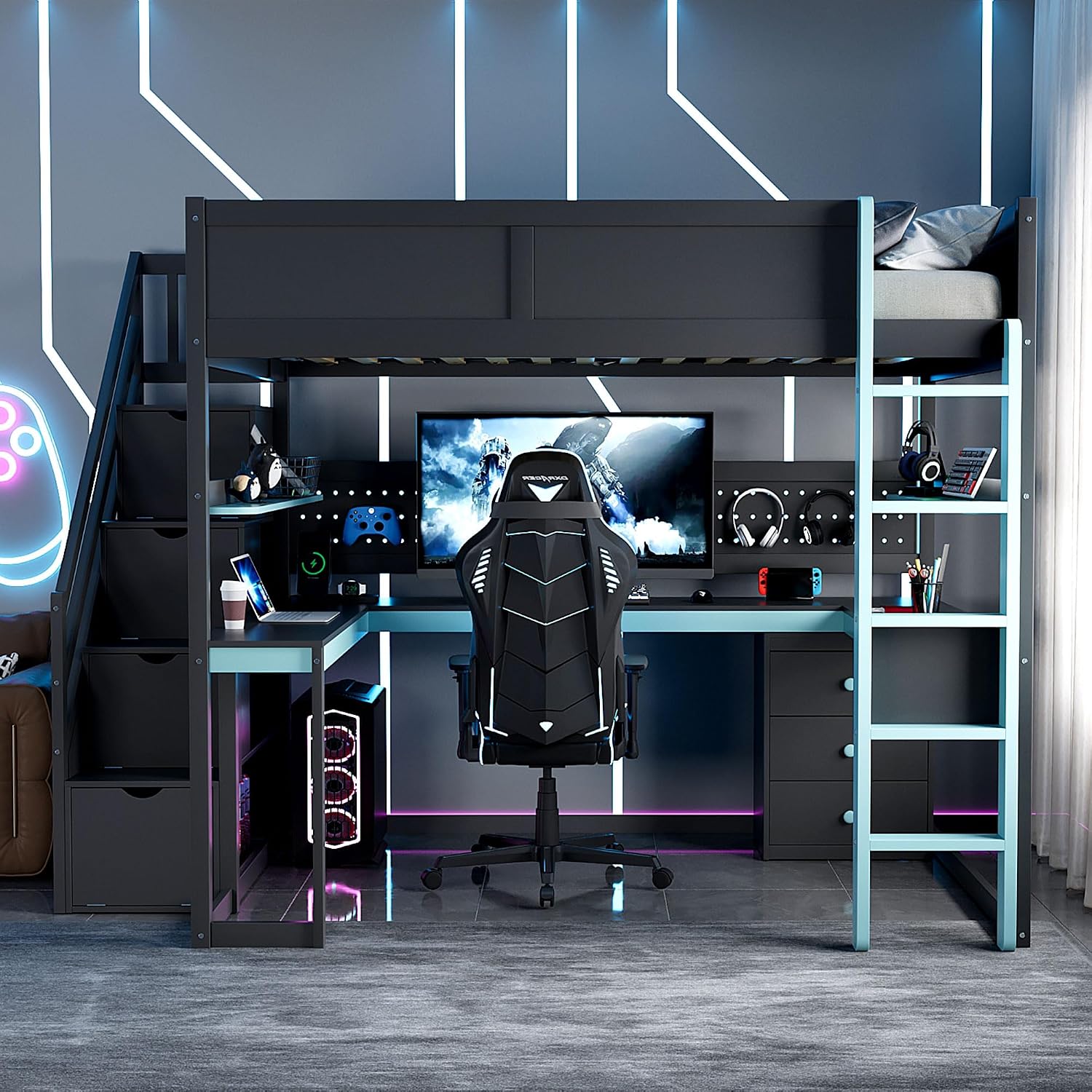 VilroCaz Modern Full Size Gaming Loft Bed with Built-in Desk, Shelves & Pegboard, Wood Loft Bed Frame with Storage Stairs for Kids Teens Adults, Maximize Space Saving (Black+Blue-S, Full)
