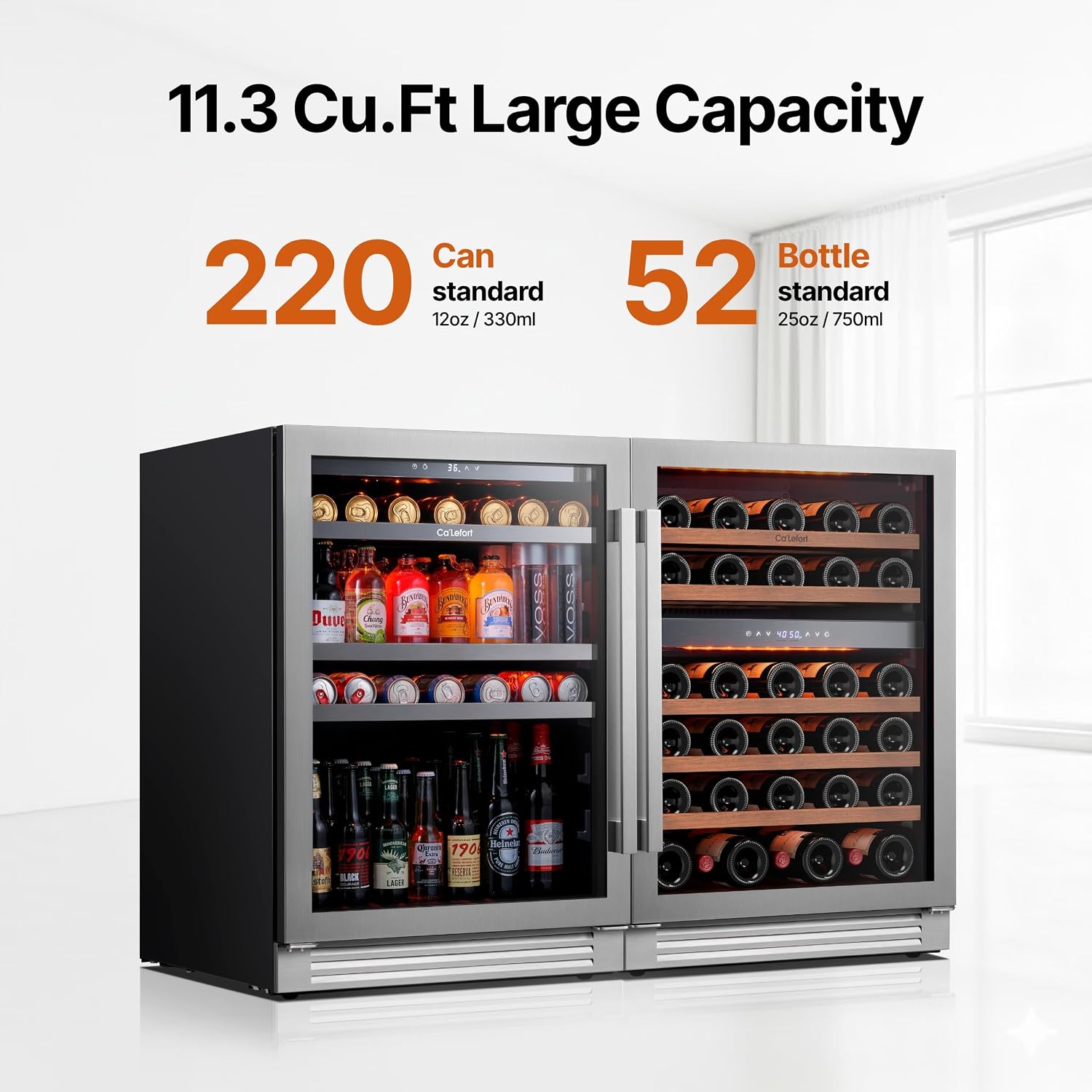 Ca'Lefort Wine and Beverage Refrigerator, 48 Inch Bundle Wine Fridge with 200 Cans and 46 Bottles, 34-65°F Built-in or Freestanding Beverage Fridge with Glass Door, Drink Cooler for Kitchen Bar Office