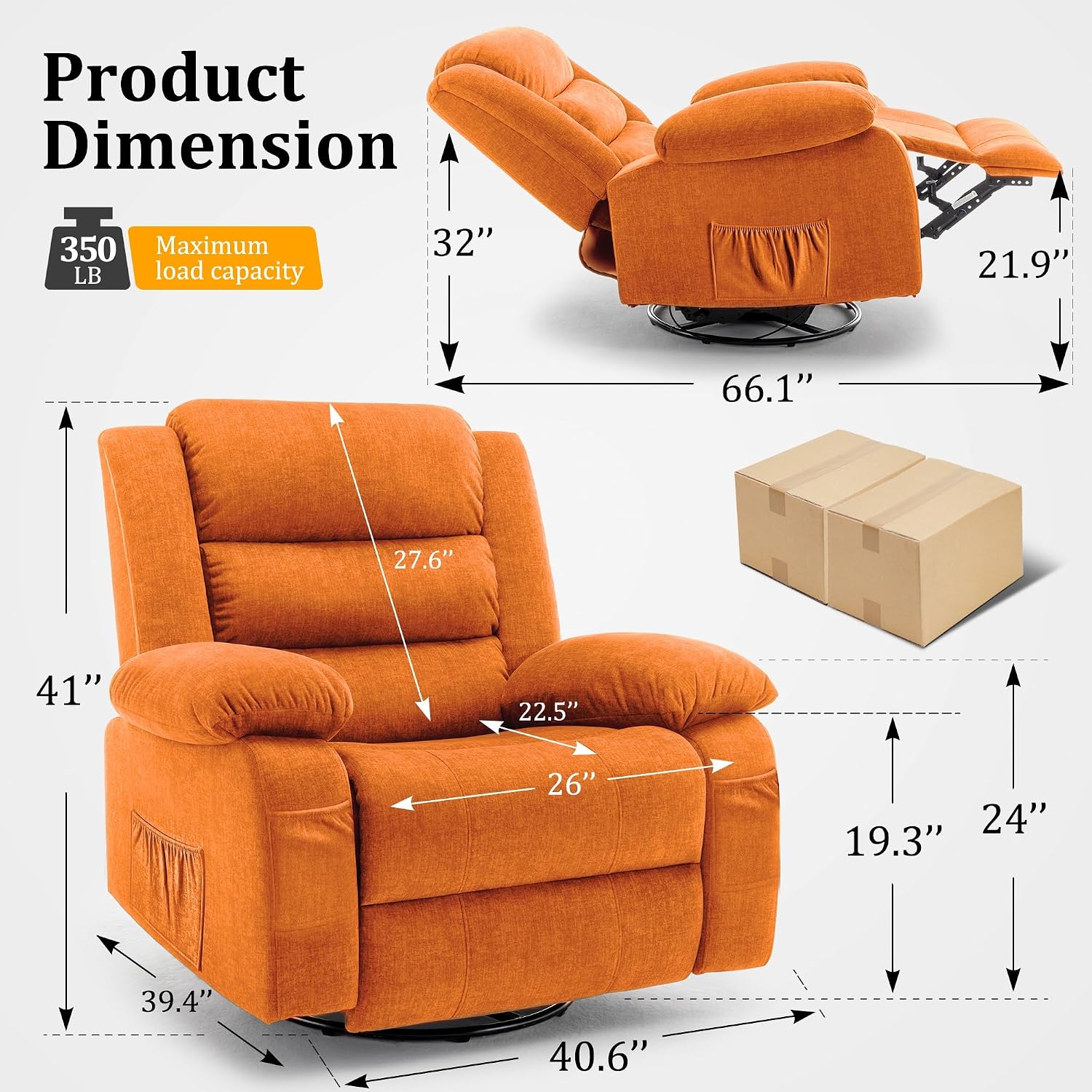 Korser Recliner Chair, Wide Rocker Chair, Rocking Chair with Massage and Heat,360°Swivel Nursery Rocking Chairs, Oversized Recliner for Adults, Cashmere Reclining Sofa for Living Room, Orange